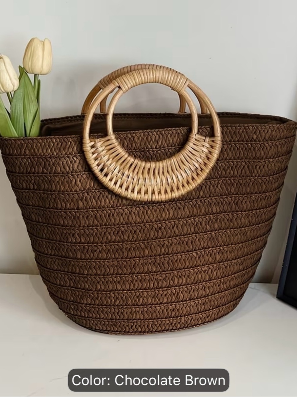 Chocolate Brown Woven Tote Bag with Round Rattan Handles